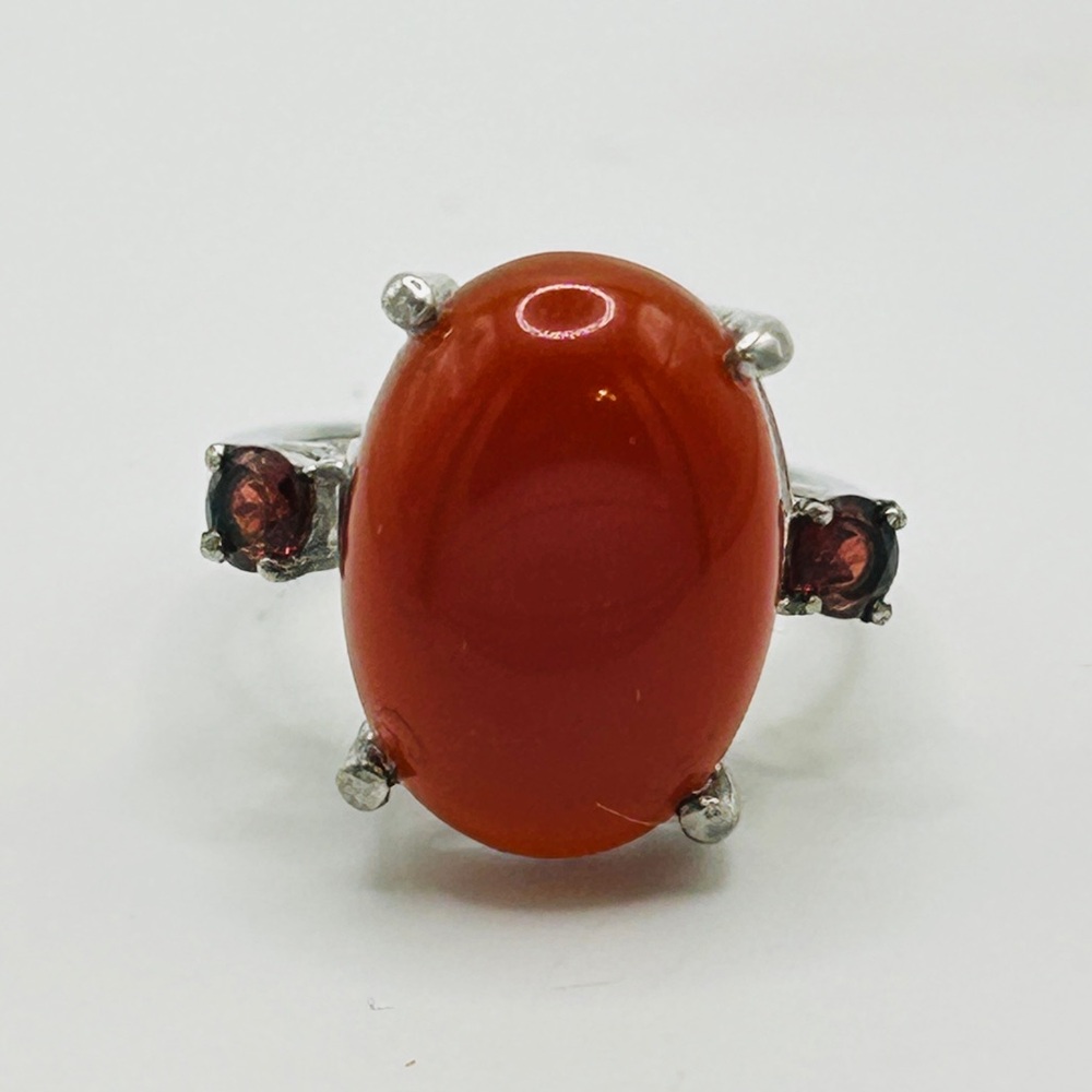 Red Agate and Garnet Ring; Size 6.75; Stainless Steel